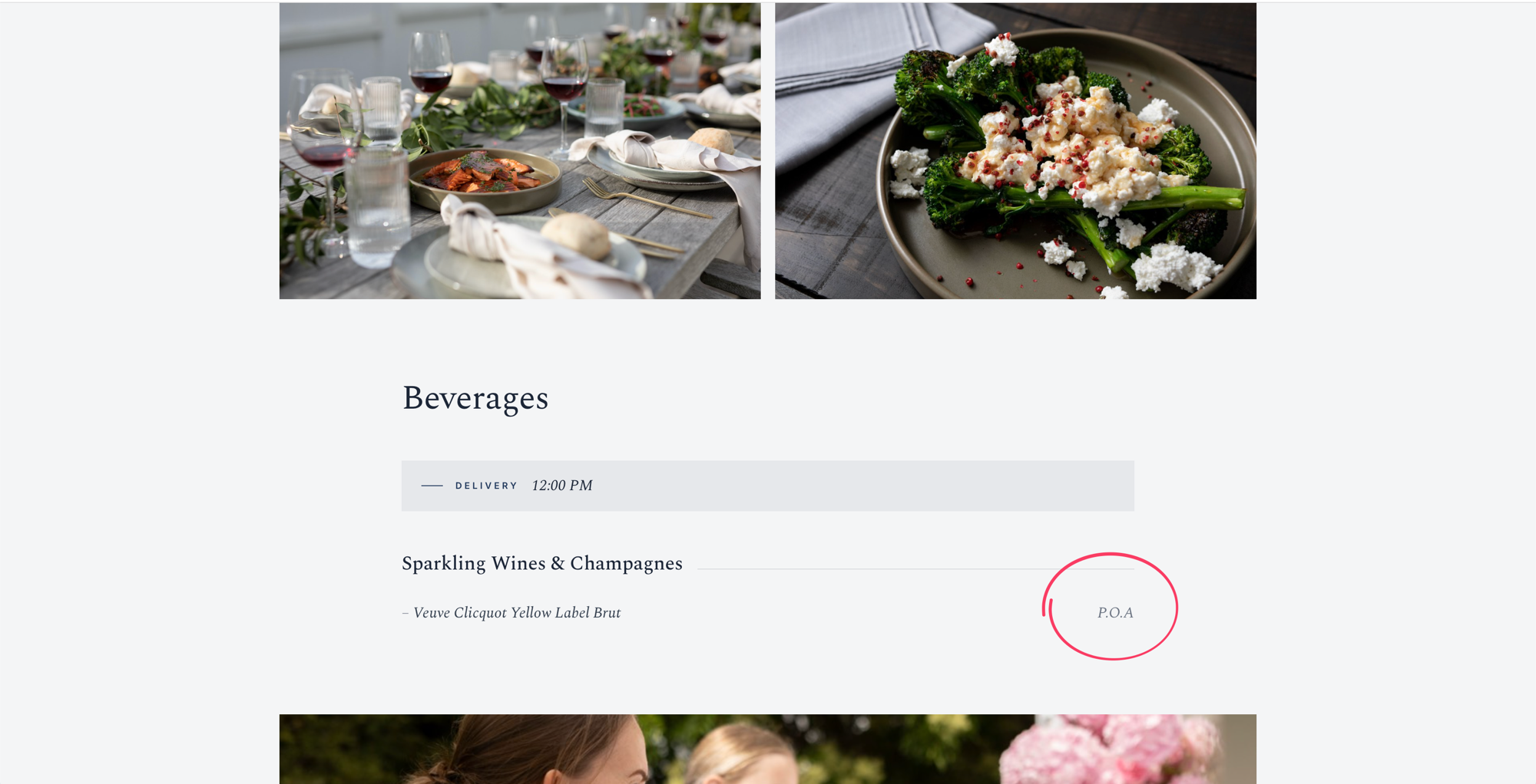 A customer quote showing a beverage listed with P.O.A in place of a price