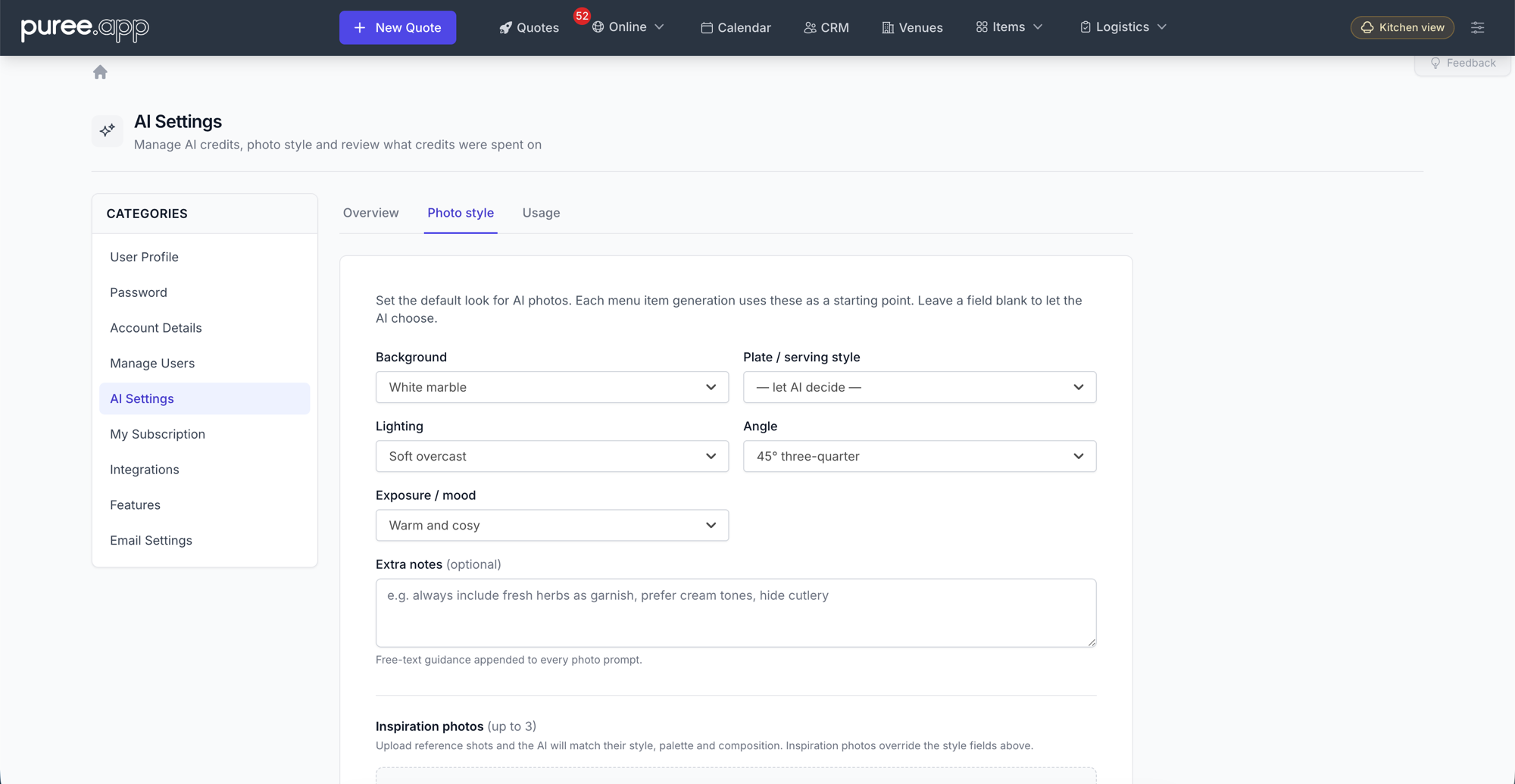 The Photo style tab in AI Settings, showing dropdowns for background, plate style, lighting, angle and mood, plus an extra notes field and inspiration photo uploads