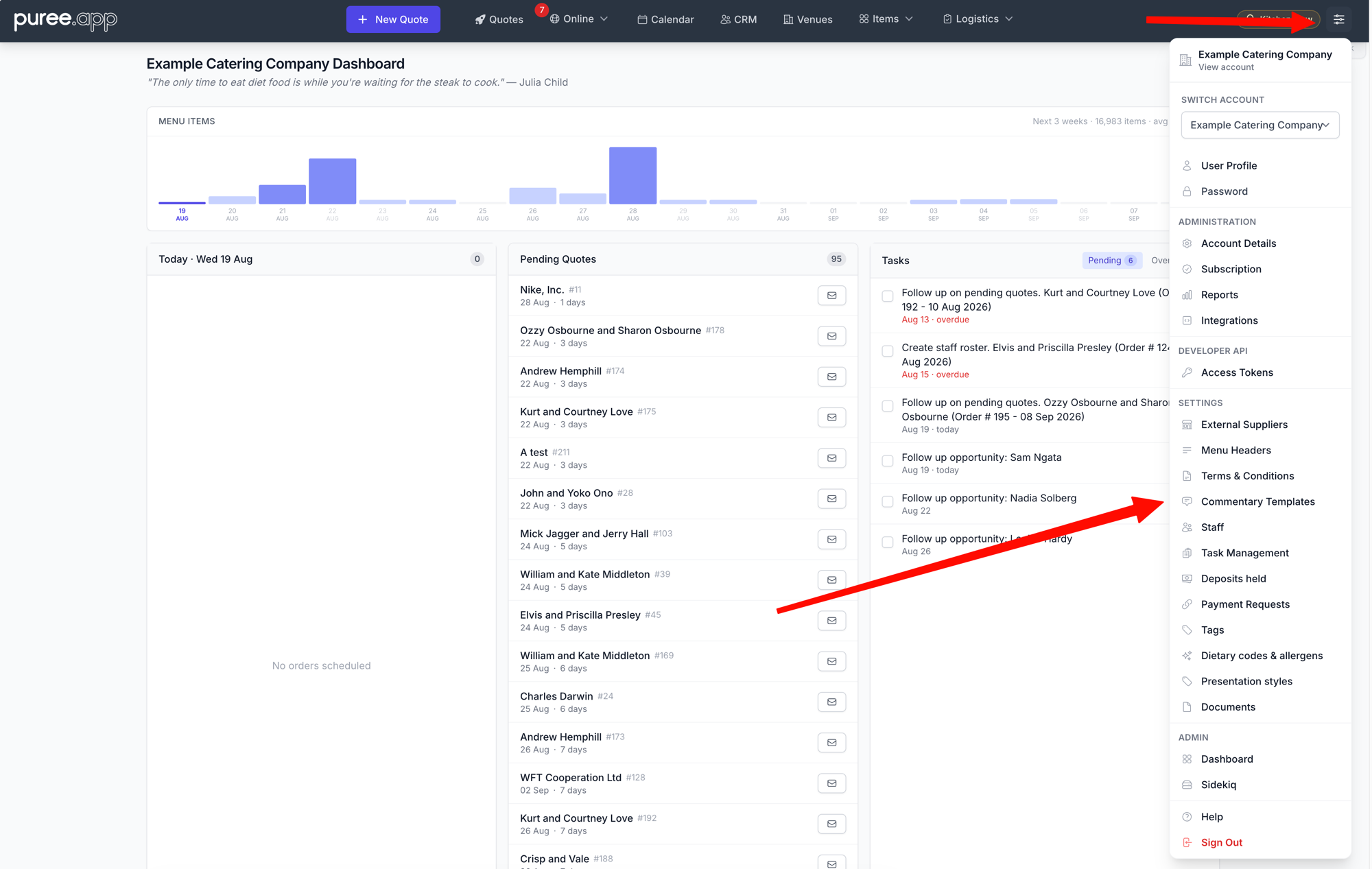 The Puree dashboard with the settings menu open in the top-right corner and an arrow pointing to the Commentary Templates entry in the Settings group, below Terms & Conditions and above Staff