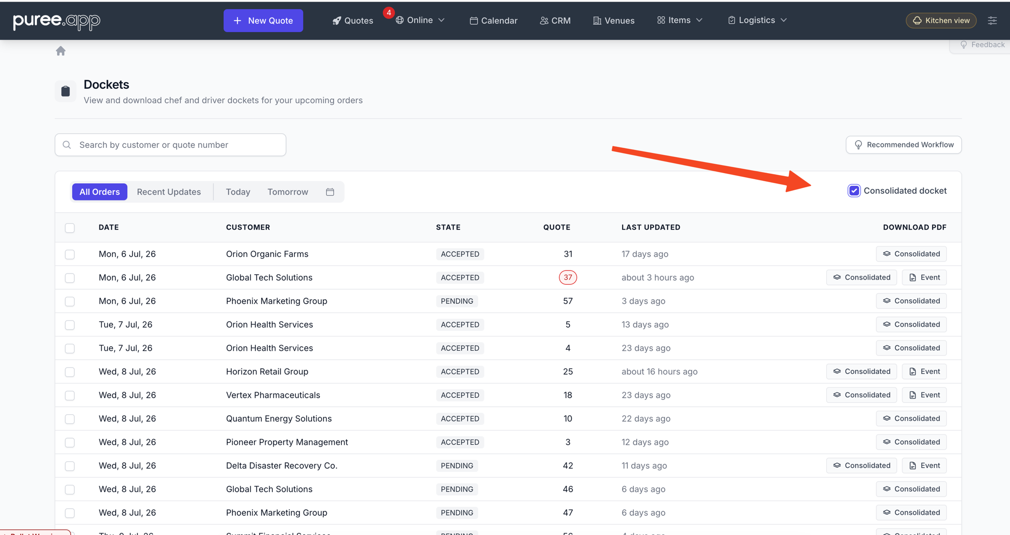 The Consolidated docket checkbox above the Dockets list, with every row showing a single Consolidated download button