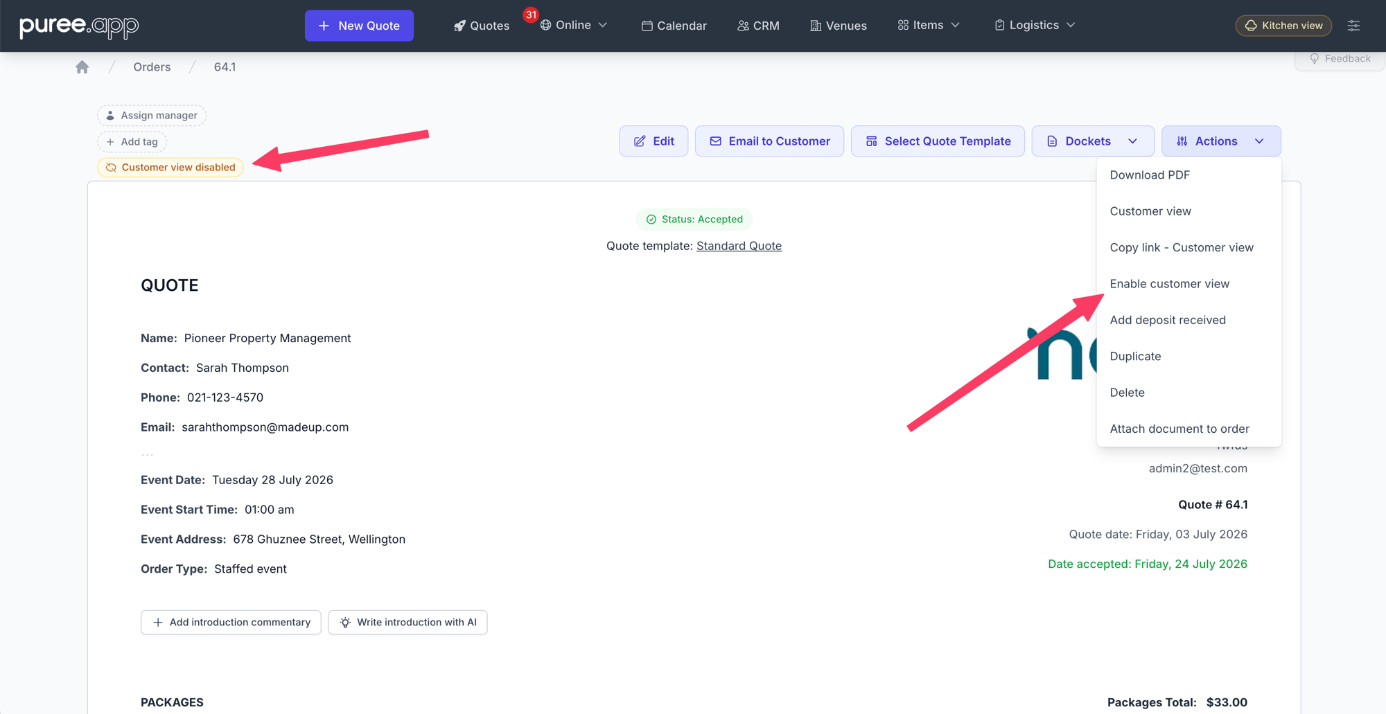 The order page with the Actions menu open, showing the Enable customer view option, and a 'Customer view disabled' badge near the top left of the quote