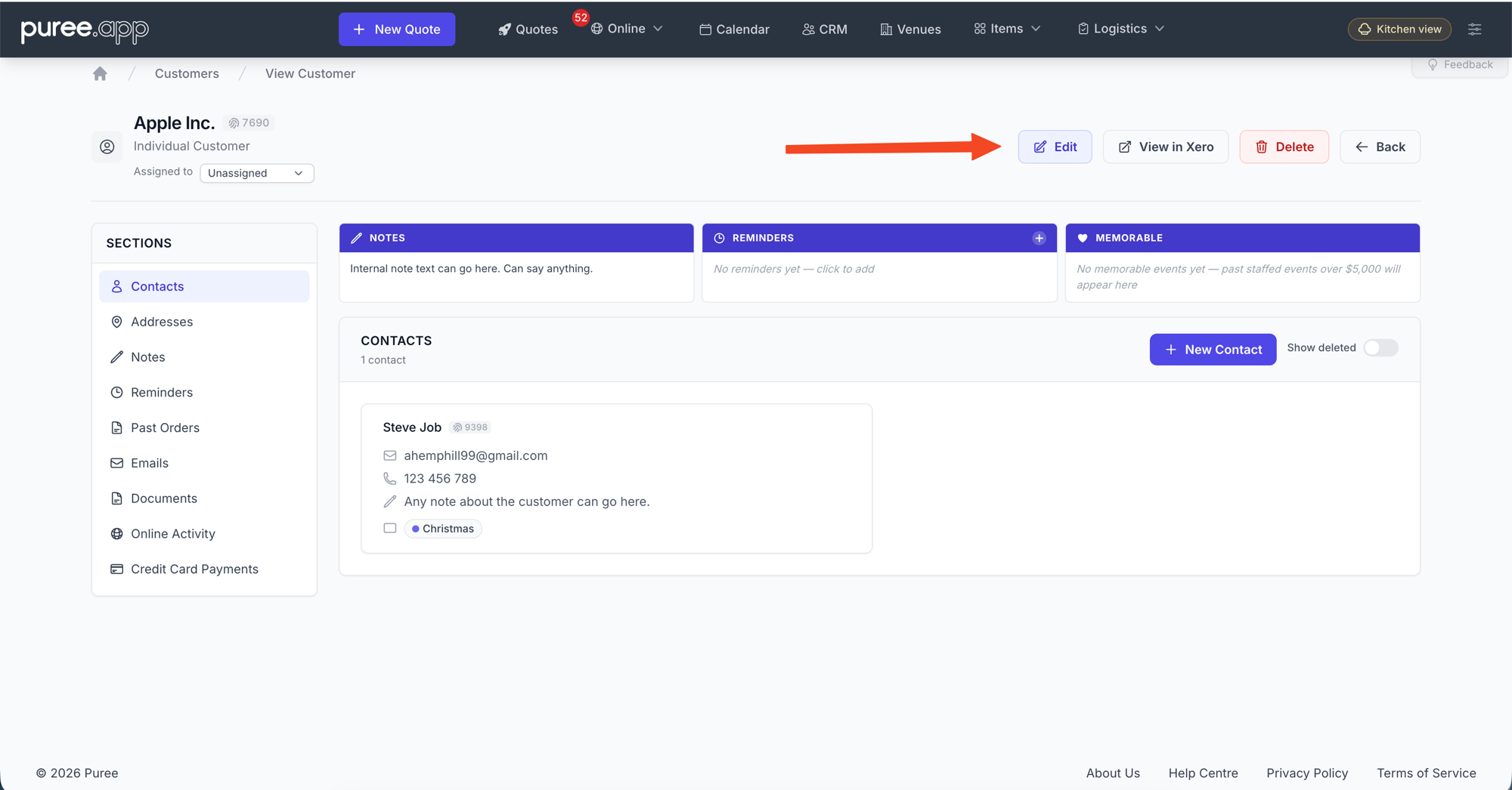 A customer profile page, with an arrow pointing to the Edit button and the Sections sidebar and Contacts list visible
