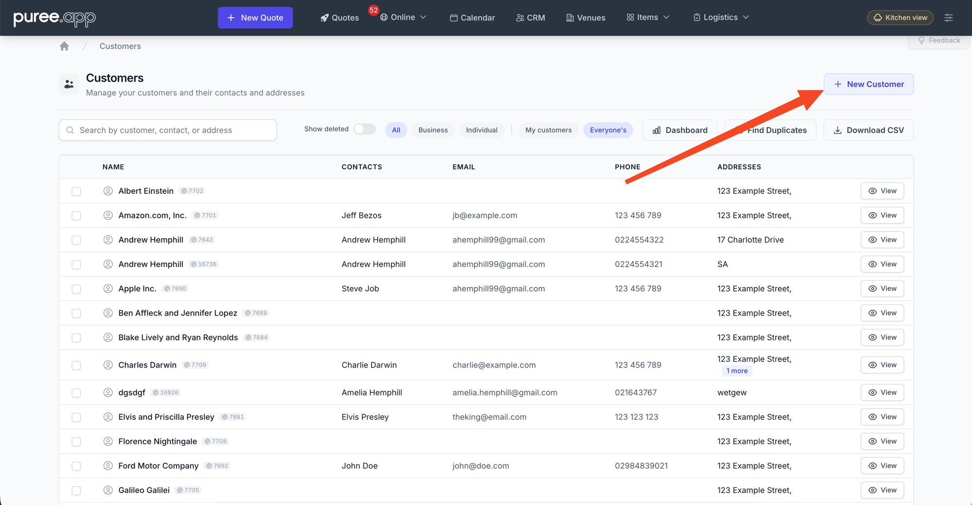 The Customers list page, with an arrow pointing to the New Customer button in the top-right corner