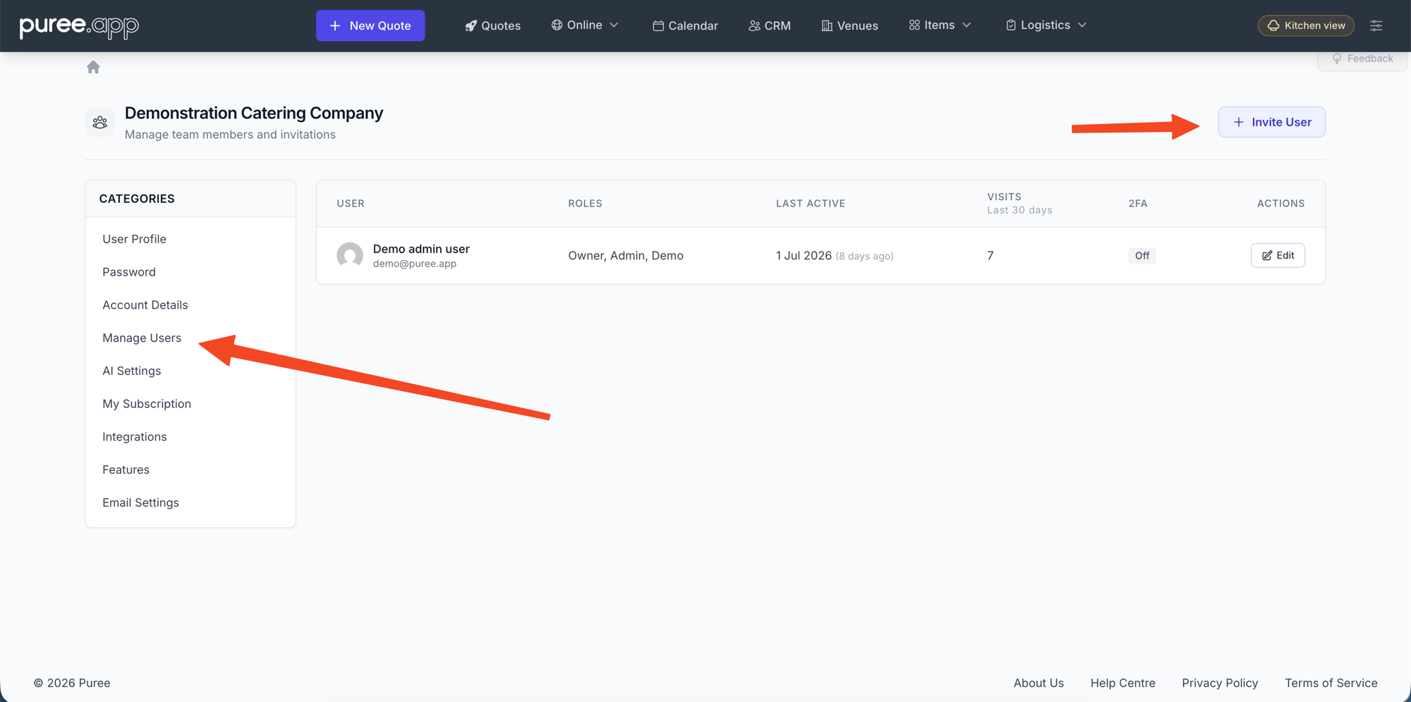 The Manage Users page, with arrows pointing to the Manage Users category in the sidebar and the Invite User button