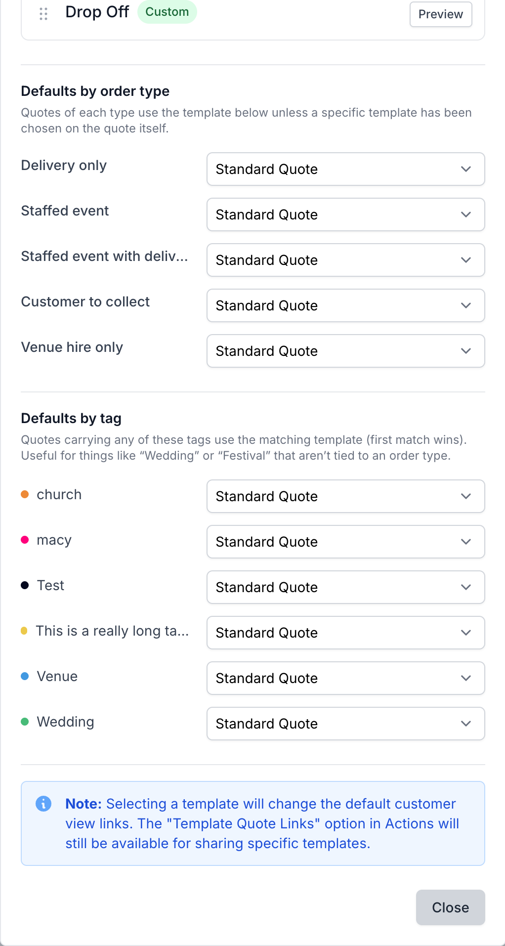 The Defaults by order type and Defaults by tag sections at the bottom of the template selector modal